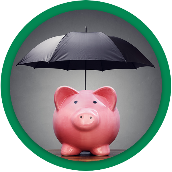 Piggy bank beneath an open umbrella